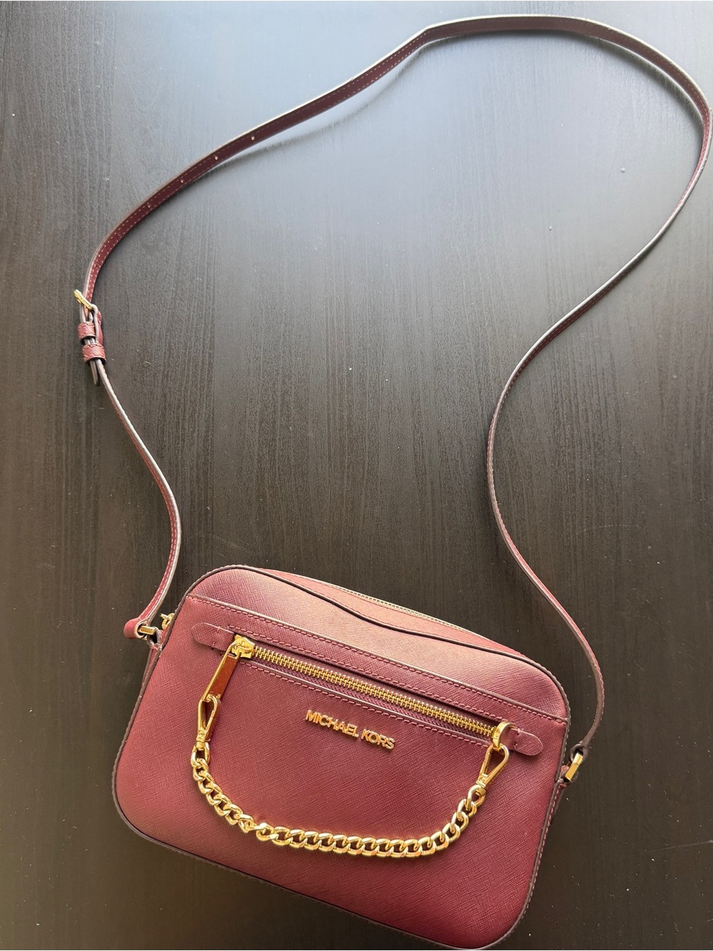 Michael Kors Wine Saffiano Leather Crossbody with Gold Hardware